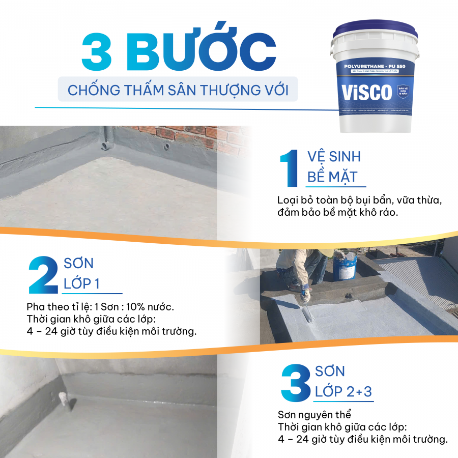 Chống thấm sân thượng cùng Visco PU - 3 bước cụ thể